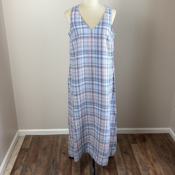 J Jill The Madras Maxi Dress 100% Linen Sleeveless Relaxed Fit Pockets Blue Sz M - Picture 3 of 14
